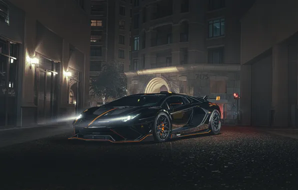 Lamborghini, black, orange, aventador, svr
