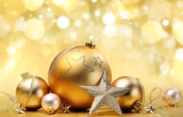 Картинка украшения, шары, звезда, Новый Год, Рождество, gold, Christmas, bokeh