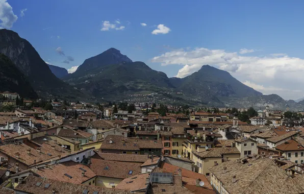 Дома, Горы, Город, Панорама, Крыши, Италия, Italy, Mountains