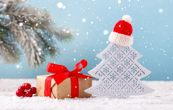 Картинка зима, снег, украшения, подарок, елка, Новый Год, Рождество, Christmas