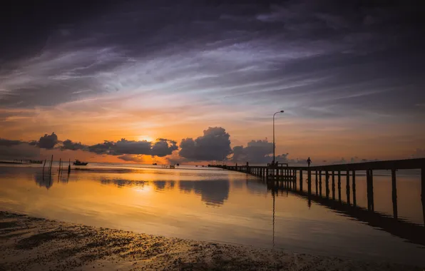 Картинка песок, море, пляж, небо, солнце, облака, закат, тучи