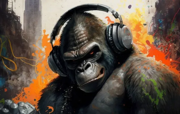 Картинка monkey, headphones, art, gorilla