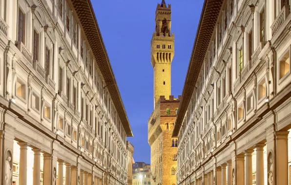 Картинка lights, tower, Italy, evening, Florence, buildings, Tuscany, Palazzo Vecchio