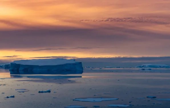 Twilight, sea, sunset, dusk, iceberg, ice floes