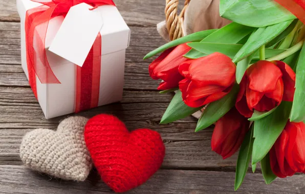 Картинка любовь, цветы, подарок, букет, сердечки, тюльпаны, red, love