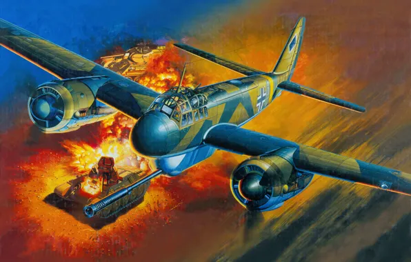 Картинка небо, пожар, война, пушка, штурмовик, Арт, Т-34, немецкий