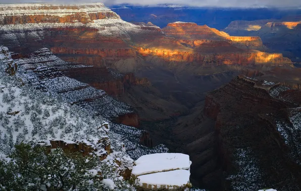 Картинка зима, снег, закат, природа, каньон, плато