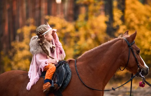 Осень, лес, конь, лошадь, ребенок, девочка, косичка, верхом