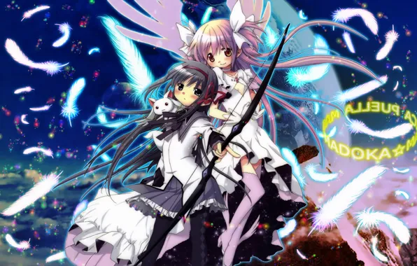 Крылья, перья, платье, лук, форма, mahou shoujo madoka magica, akemi homura, kaname madoka