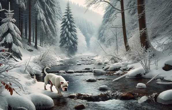 Зима, лес, пейзаж, горы, природа, река, ручей, собака