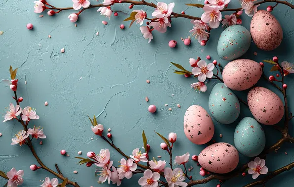 Цветы, яйца, весна, colorful, Пасха, happy, pink, blossom