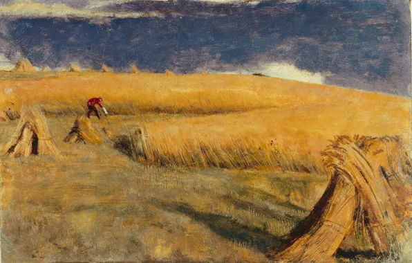Картинка поле, пейзаж, холмы, картина, жатва, Уильям Холман Хант, НИВА В ЮЭЛЛЕ