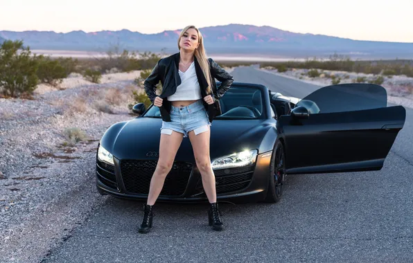 Audi, Audi R8, shorts, model, women, women with cars, Blake Blossom, V10 engine