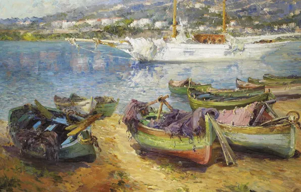 Картинка море, корабль, картина, лодки, Средиземноморский Порт, Gustave Deloye