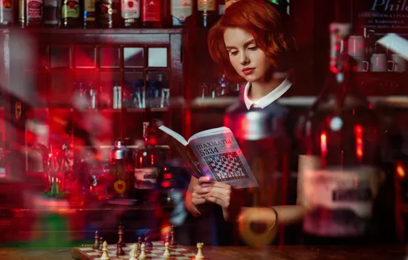 Картинка девушка, шахматы, книга, бутылки, рыжая, рыжеволосая, учебник, Janusz Żołnierczyk