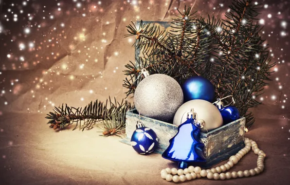 Картинка зима, шарики, ветки, коробка, игрушки, ель, Новый Год, Рождество