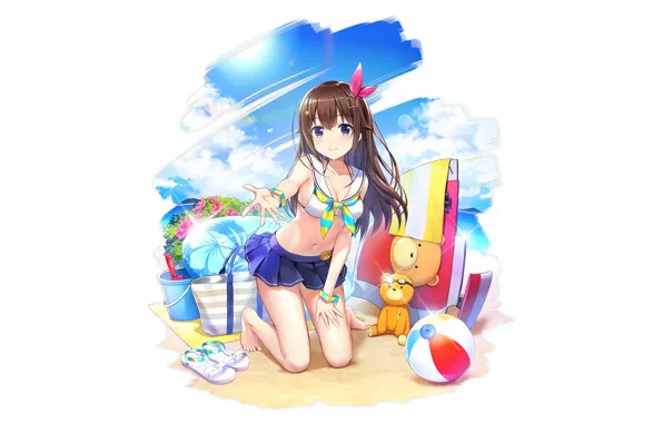 Girl, sexy, cleavage, beach, long hair, brown hair, boobs, anime