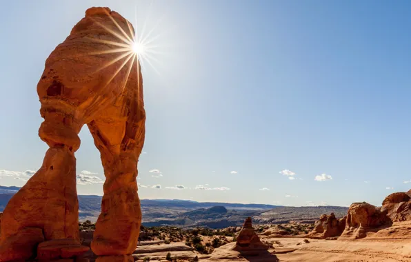 Солнце, лучи, скалы, арка, Юта, США, Arches National Park, Арчес