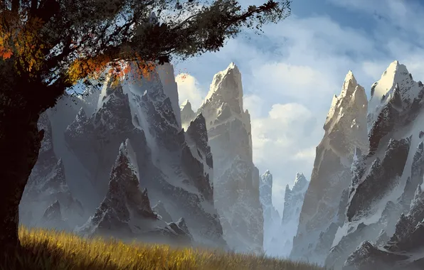 Картинка трава, облака, снег, горы, дерево, вершины, арт, пики