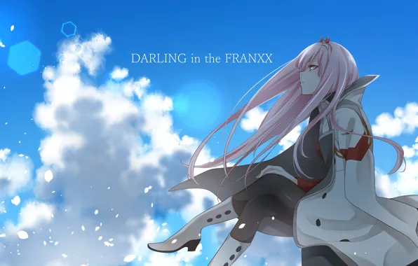 Девушка, Небо, аниме, арт, Сидит, Darling in the frankxx