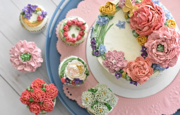 Картинка цветы, торт, пирожное, Еда, крем, сладкое, Десерт