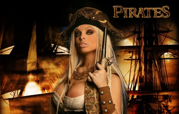 Грудь, взгляд, девушка, пистолет, блондинка, губы, pirates, jesse jane