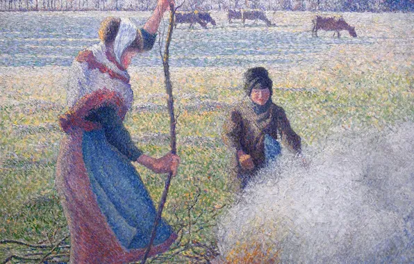 Картина, жанровая, Камиль Писсарро, Крестьянская Девочка Разводящая Огонь