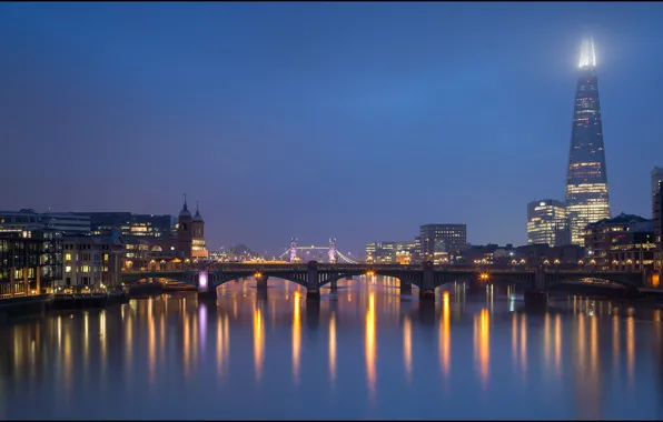 Ночь, мост, огни, река, Англия, Лондон, Темза