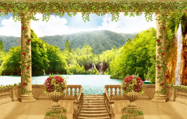 Картинка море, цветы, водопад, колонны, терраса, вазоны