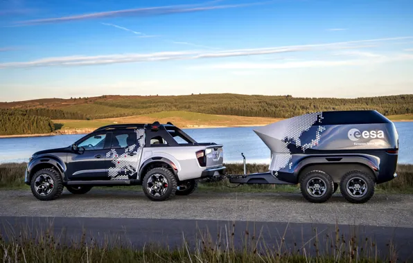 Картинка берег, Nissan, пикап, прицеп, водоём, 2018, Navara, Dark Sky Concept