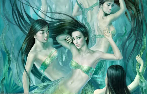 Вода, водоросли, девушки, Tang Yuehu, русалки