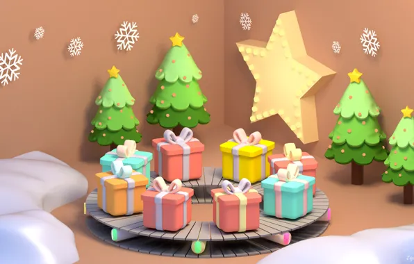 Картинка рендеринг, настроение, подарок, Новый год, ёлочка, снежинка, Christmas gifts, артЮ