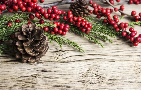 Украшения, ягоды, Новый Год, Рождество, Christmas, шишки, wood, New Year