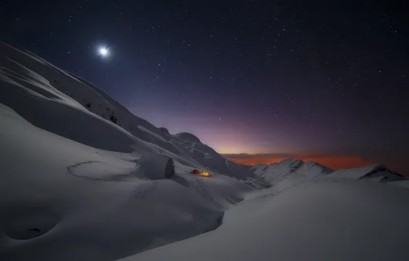 Картинка зима, небо, звезды, горы, Луна, палатка