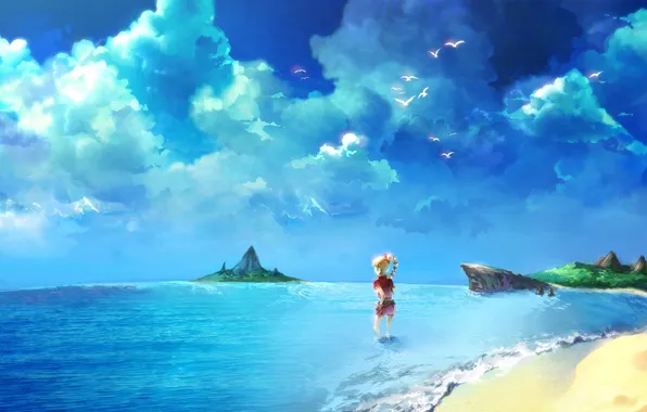 Картинка море, небо, облака, птицы, чайки, аниме, девочка, островок