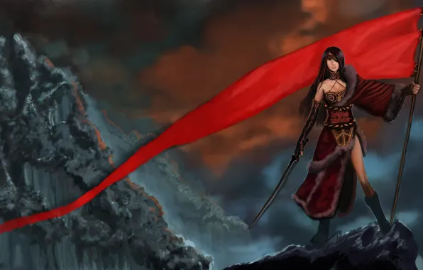 Картинка небо, девушка, оружие, фантастика, скалы, меч, арт, красный флаг