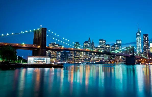 Мост, огни, река, дома, вечер, Manhattan, New York City, World Trade Center