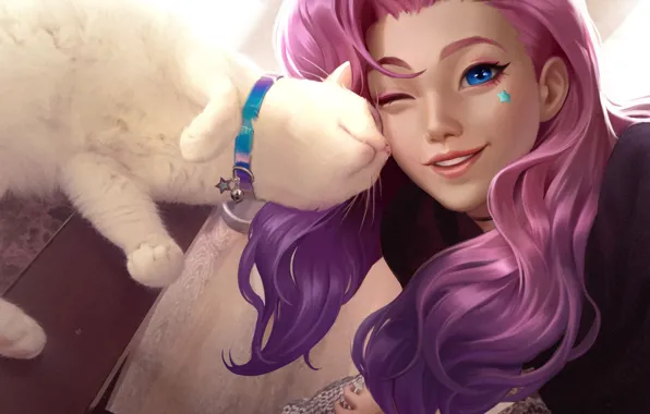 Картинка cat, blue eyes, women, League of Legends, digital art, fan art, purple hair, video games