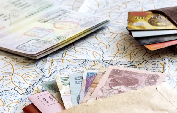 Money, tourism, maps, credit cards, passport