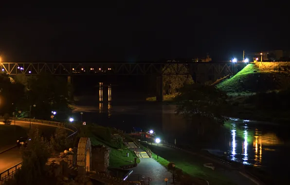 Вода, ночь, мост, река, фонари, гродно