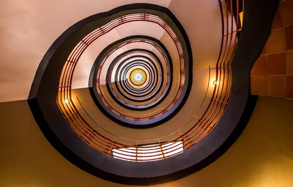 Lights, spiral, circle, stairs, stained glass, stairwell