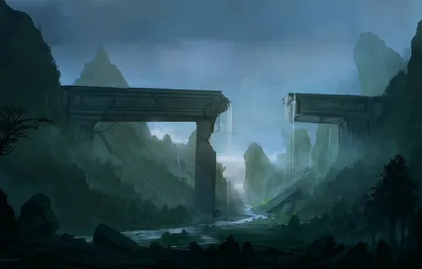 Картинка пейзаж, горы, мост, река, скалы, водопад, сооружение, арт