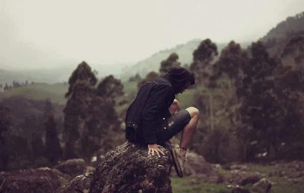 Картинка туман, холмы, камень, долина, мужчина, сидя, дождливая