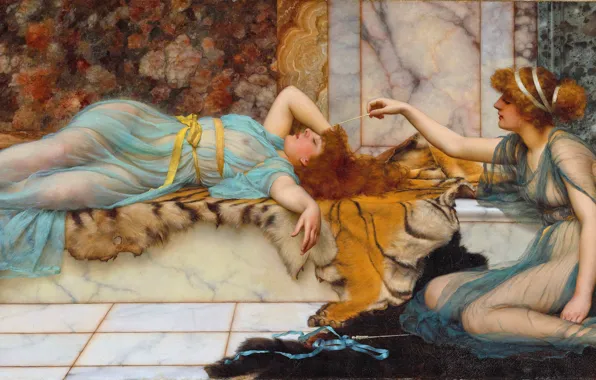 Картинка Девушки, Картина, Двое, Рыжие, John William Godward, Джон Уильям Годвард, Шалость и покой, Английский художник-неоклассицист