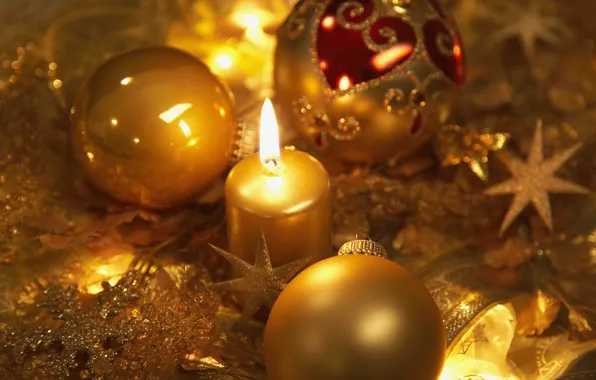Звезды, шарики, снежинки, праздник, шары, новый год, свеча, золотые