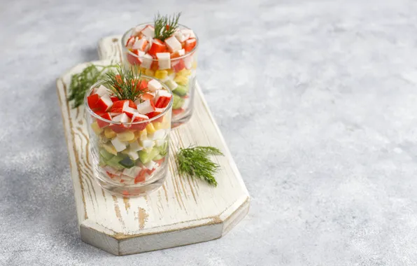 Укроп, стаканы, салат, крабовые палочки, салат с крабовыми палочками