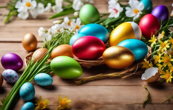 Цветы, яйца, весна, colorful, Пасха, happy, flowers, spring