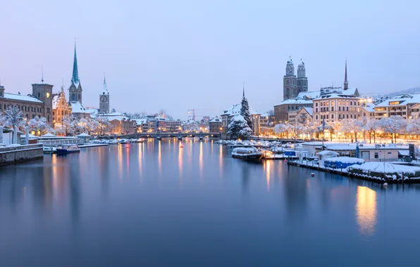 Зима, река, здания, дома, Швейцария, причал, Switzerland, Zürich