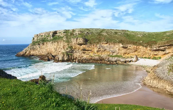 Картинка пейзаж, природа, скала, побережье, залив, Испания, Cantabria