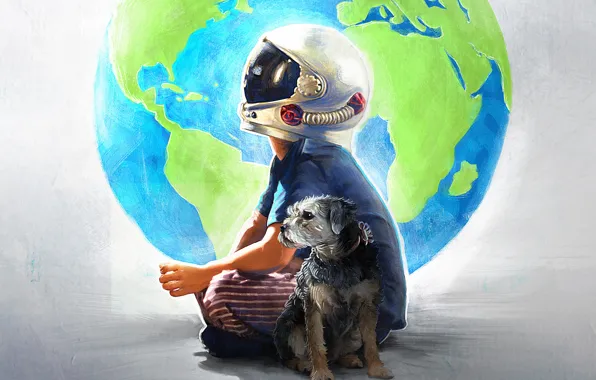 Картинка собака, мальчик, арт, шлем, земной шар, постер, Чудо, драма